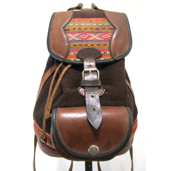 Artisan Handmade in Peru Multicolor Wool, Leather Backpack Purse - Picture 1 of 8